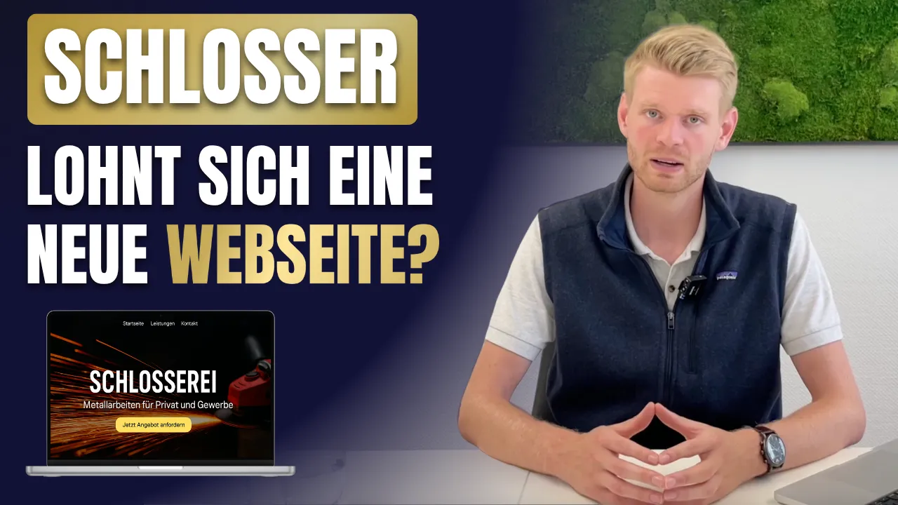 Schriftzug „Schlosser – Lohnt sich eine neue Webseite?“ mit einem sprechenden Mann am Tisch und einem Laptop, auf dem eine Beispiel-Webseite für eine Schlosserei zu sehen ist.