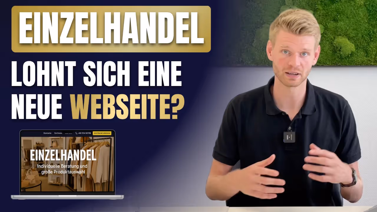 Schriftzug „Einzelhandel – Lohnt sich eine neue Webseite?“ mit einem sprechenden Mann am Tisch und einem Laptop, auf dem eine Beispiel-Webseite für ein stationäres Einzelhandelsgeschäft zu sehen ist.