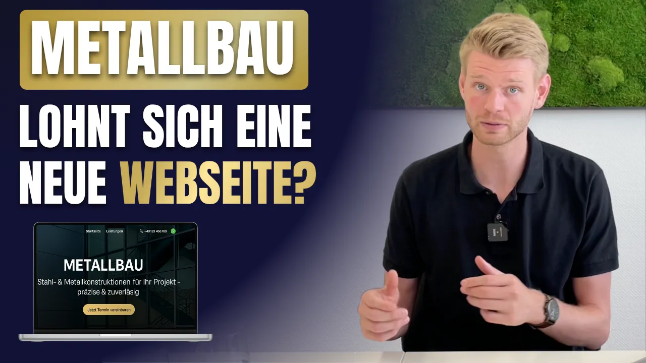 Schriftzug „Metallbau – Lohnt sich eine neue Webseite?“ mit einem sprechenden Mann am Tisch und einem Laptop, auf dem eine Beispiel-Webseite für einen Metallbaubetrieb zu sehen ist.
