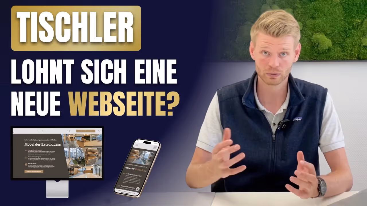 Schriftzug „Tischler – Lohnt sich eine neue Webseite?“ mit einem sprechenden Mann am Tisch sowie Darstellung einer Beispiel-Webseite für eine Tischlerei auf Monitor und Smartphone.