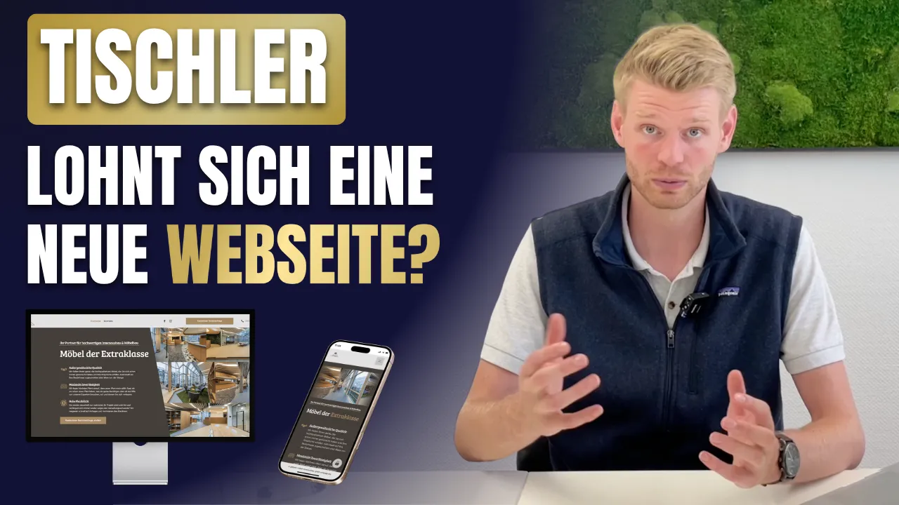 Schriftzug „Tischler – Lohnt sich eine neue Webseite?“ mit einem sprechenden Mann am Tisch sowie Darstellung einer Beispiel-Webseite für eine Tischlerei auf Monitor und Smartphone.