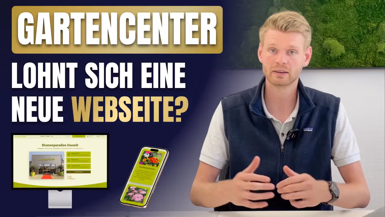 Schriftzug „Gartencenter – Lohnt sich eine neue Webseite?“ mit einem sprechenden Mann am Tisch sowie Darstellung der Webseite vom Blumenparadies Hasselt auf Monitor und Smartphone.
