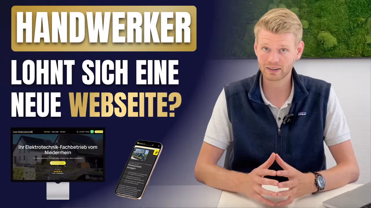 Schriftzug „Handwerker – Lohnt sich eine neue Webseite?“ mit einem sprechenden Mann am Tisch sowie Darstellung der Webseite von Gerritzen Elektrotechnik auf Monitor und Smartphone.