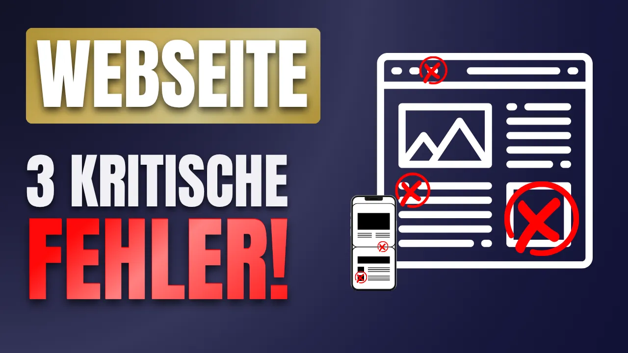 Schriftzug „Webseite – 3 kritische Fehler!“ mit Symbolgrafik einer Webseite und eines Smartphones, auf denen rote Kreuze verschiedene Problemstellen markieren.