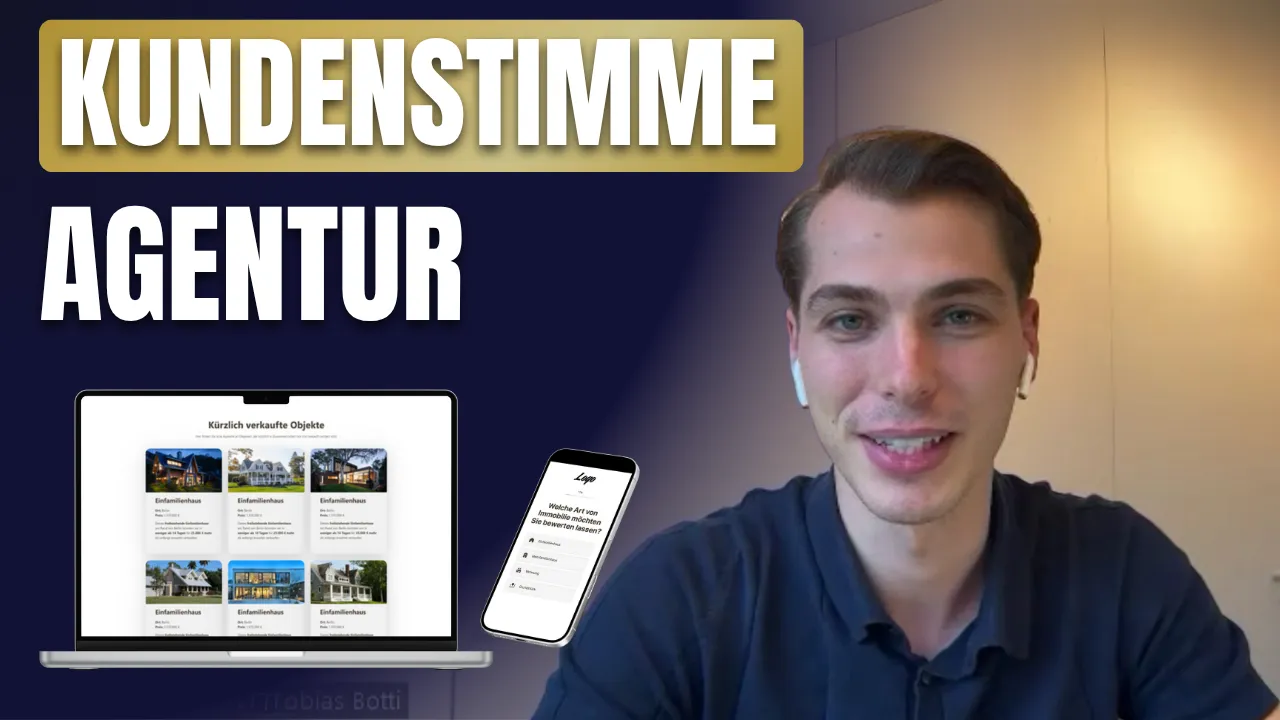 Schriftzug „Kundenstimme – Agentur“ mit lächelndem Mann in Videocall-Setting sowie Darstellung einer Immobilien-Webseite auf Laptop und Smartphone.