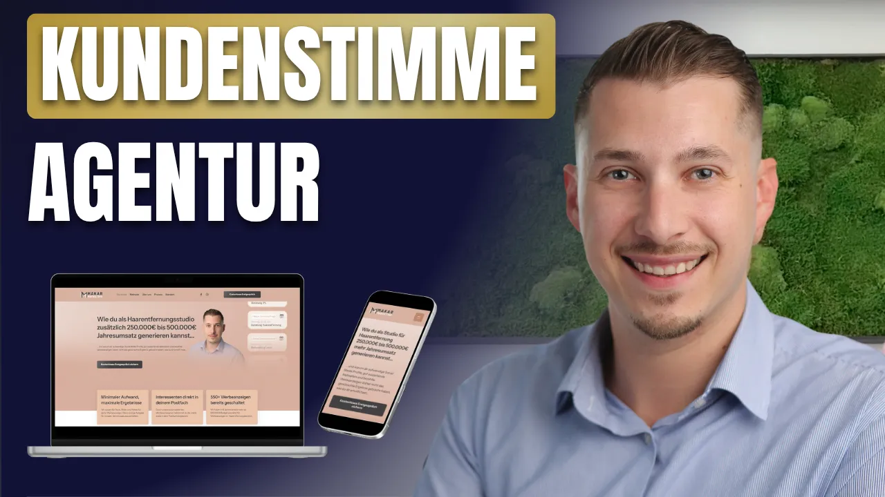 Porträt von Patrick Makar vor Laptop und Smartphone mit neuer Website im Agenturdesign. Überschrift: „Kundenstimme Marketingagentur“.