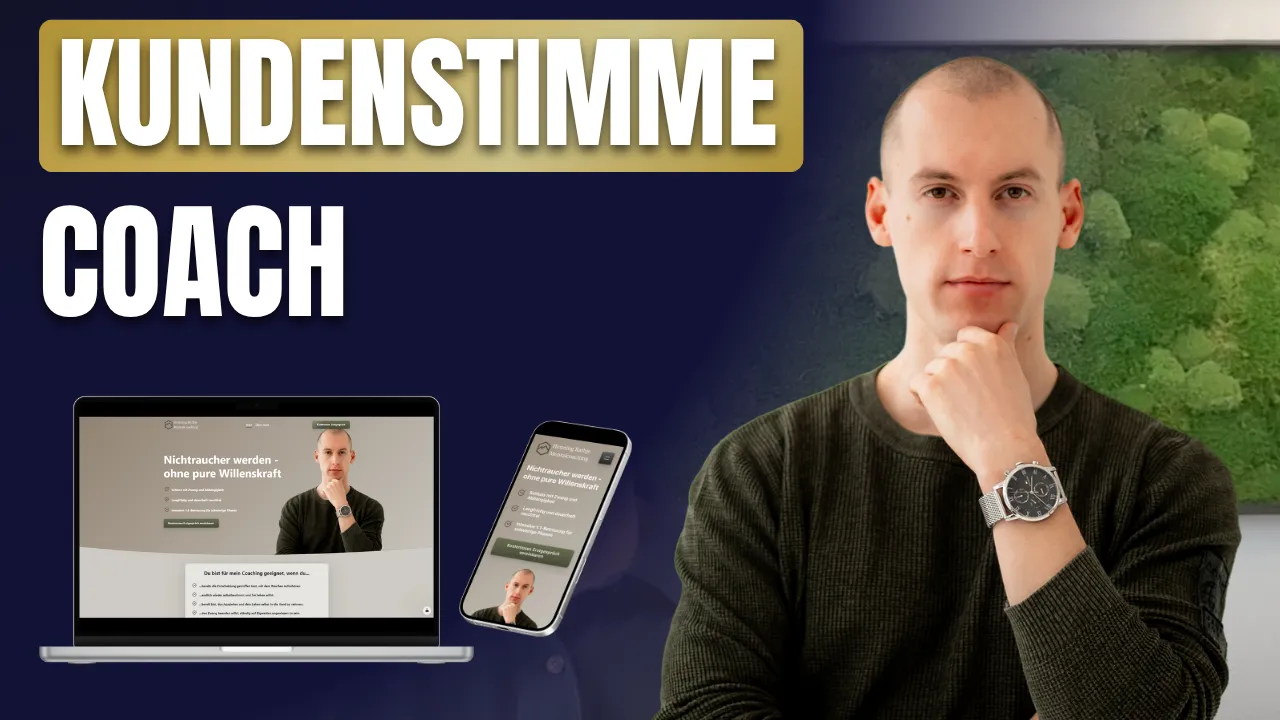 Schriftzug „Kundenstimme – Coach“ mit nachdenklich posierendem Mann sowie Darstellung der Webseite von Henning Rathje – Mentalcoaching auf Laptop und Smartphone.