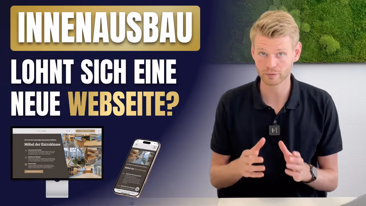 Schriftzug „Innenausbau – Lohnt sich eine neue Webseite?“ mit einem sprechenden Mann am Tisch sowie Darstellung der Webseite von Giebels Möbel & Innenausbau auf Desktop und Smartphone.