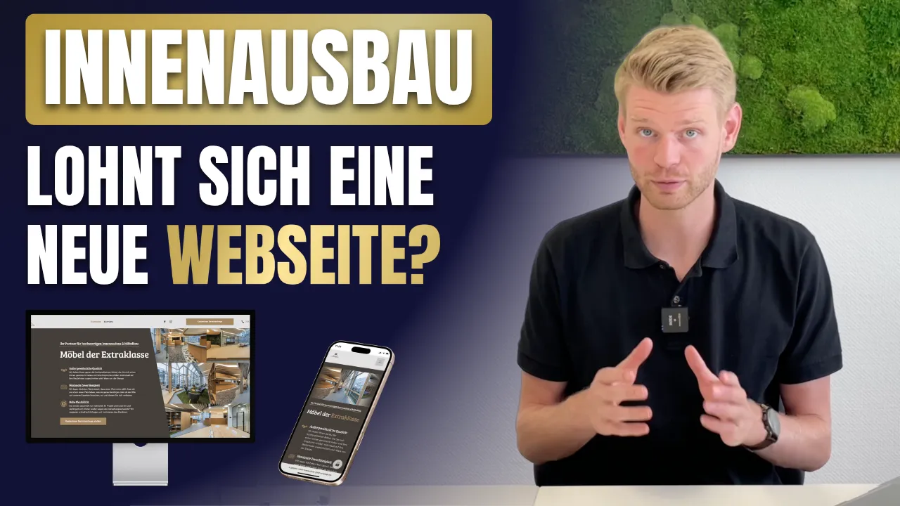Schriftzug „Innenausbau – Lohnt sich eine neue Webseite?“ mit einem sprechenden Mann am Tisch sowie Darstellung der Webseite von Giebels Möbel & Innenausbau auf Desktop und Smartphone.