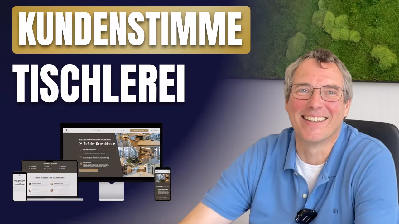 Schriftzug „Kundenstimme Tischlerei“ mit lächelndem Mann im Büro sowie Darstellung der Webseite von Giebels Möbel & Innenausbau auf verschiedenen Endgeräten.