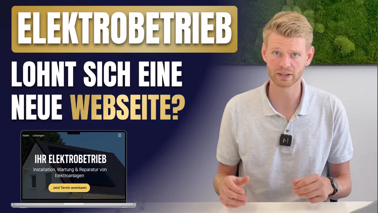 Mann erklärt vor Kamera, warum sich eine neue Webseite für moderne Elektrobetriebe lohnt, mit Beispiel-Website auf Laptop