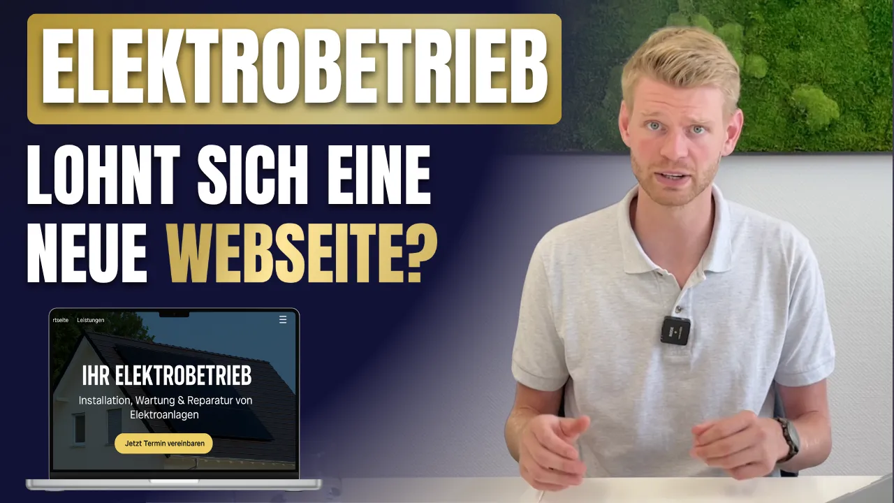 Mann erklärt vor Kamera, warum sich eine neue Webseite für moderne Elektrobetriebe lohnt, mit Beispiel-Website auf Laptop