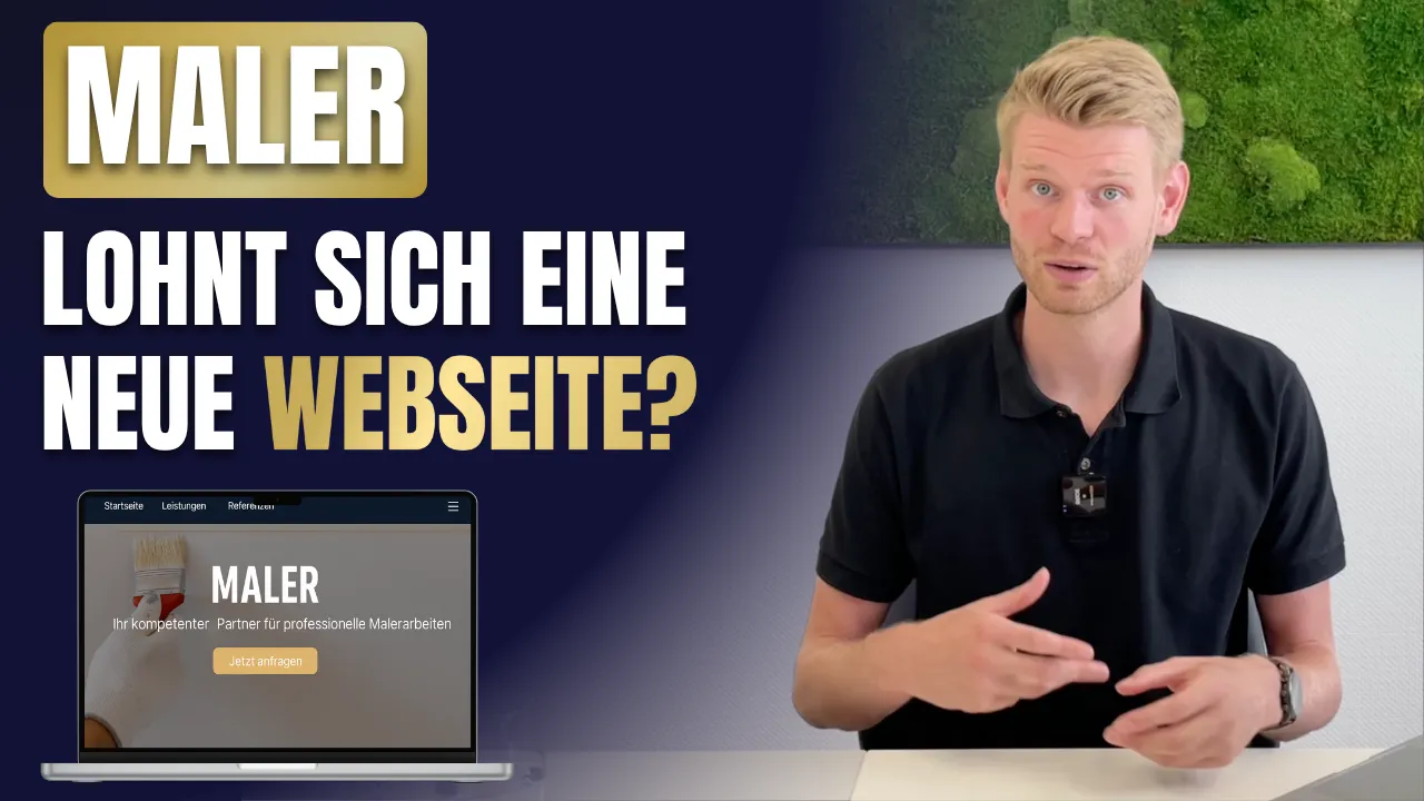 Mann erklärt, warum sich eine neue Webseite für Malerbetriebe lohnt, daneben eine professionelle Muster-Webseite mit Pinselbild