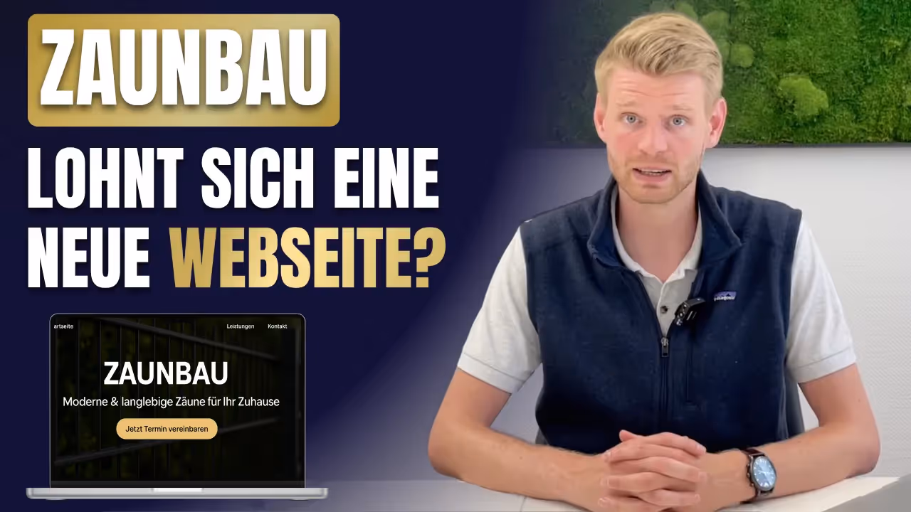 Mann erklärt, warum eine moderne Webseite im Zaunbau entscheidend ist, daneben Beispiel einer professionellen Zaunbau-Webseite