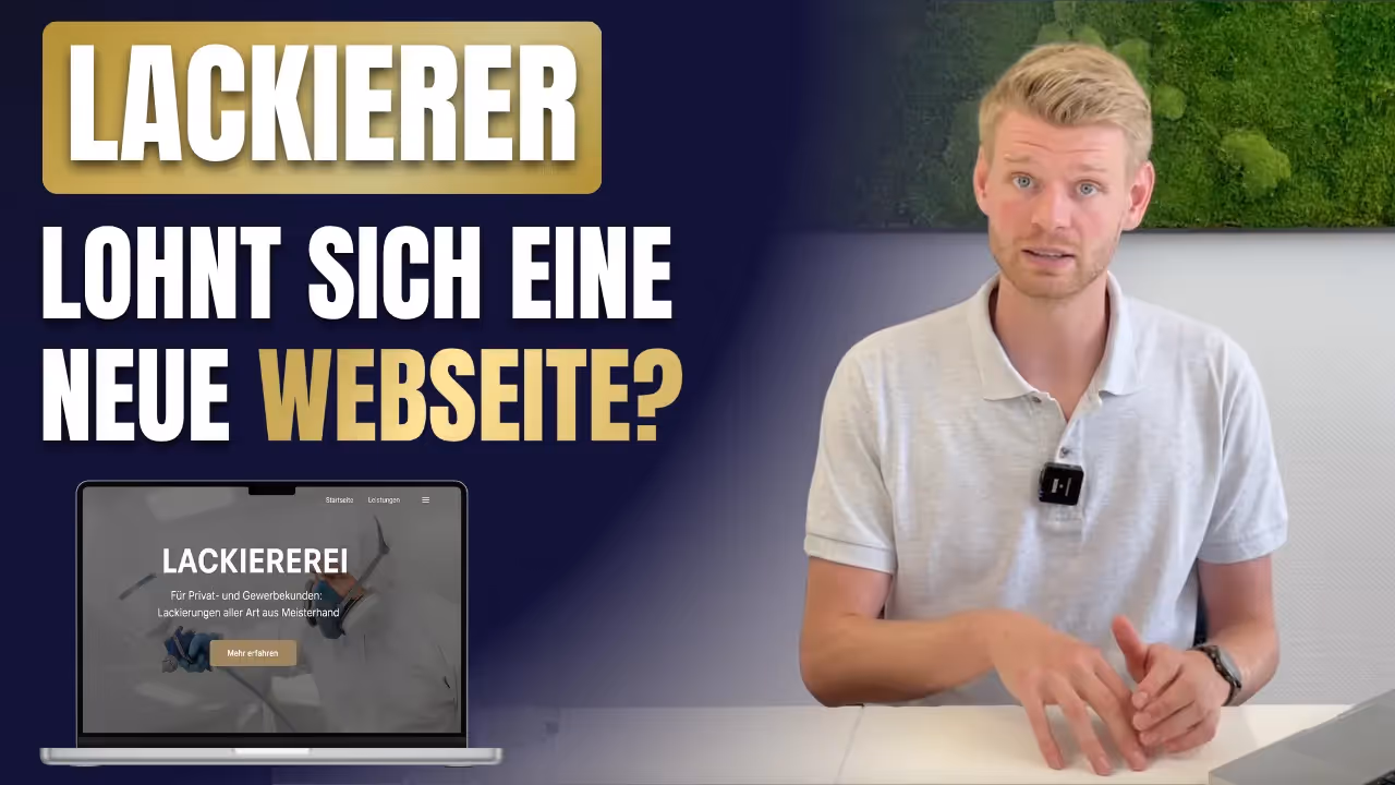 Mann spricht über moderne Webseiten für Lackiererbetriebe, daneben Beispiel einer professionellen Lackierer-Webseite