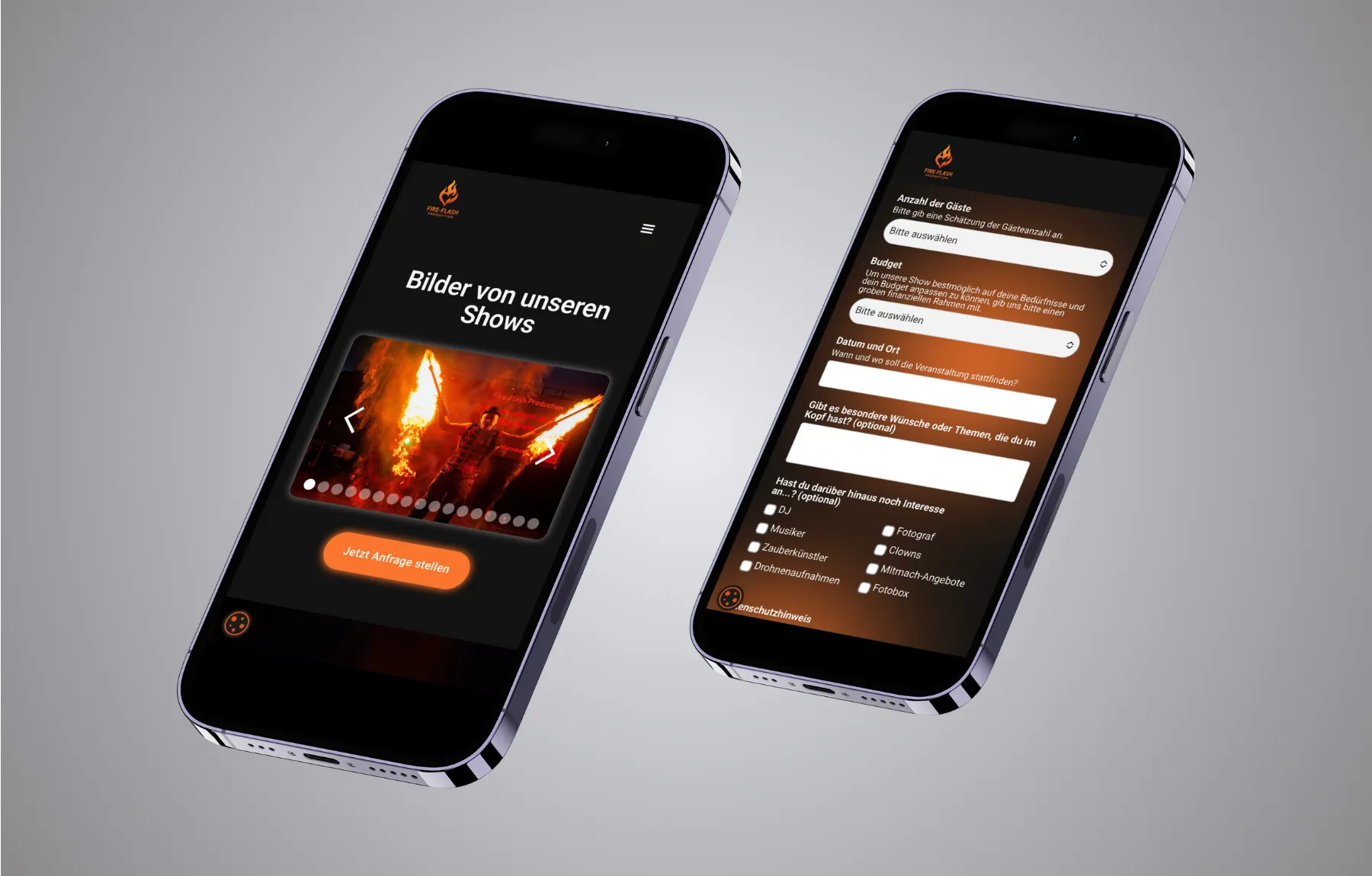 Mockup Webseite Fire-Flash Production mobil