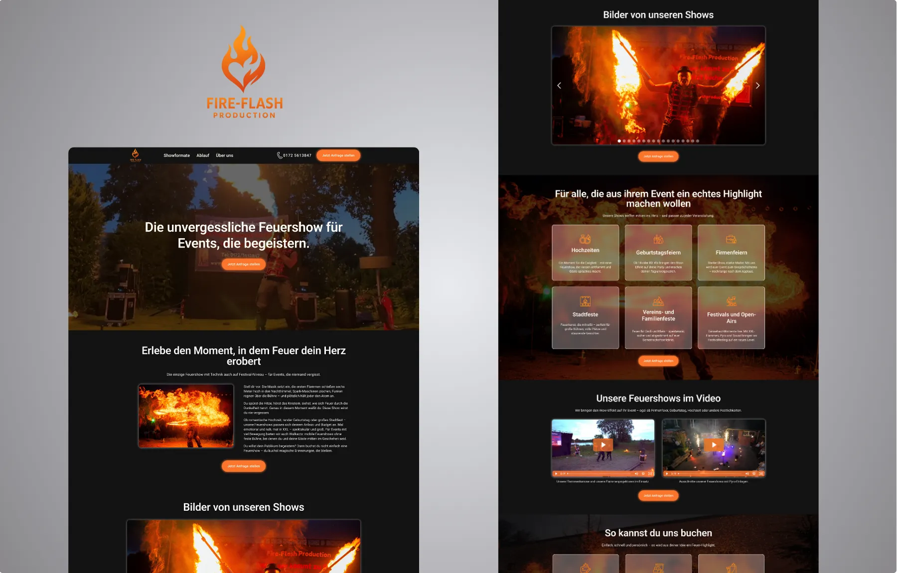 Mockup Webseite Fire-Flash Production Desktop mit Logo