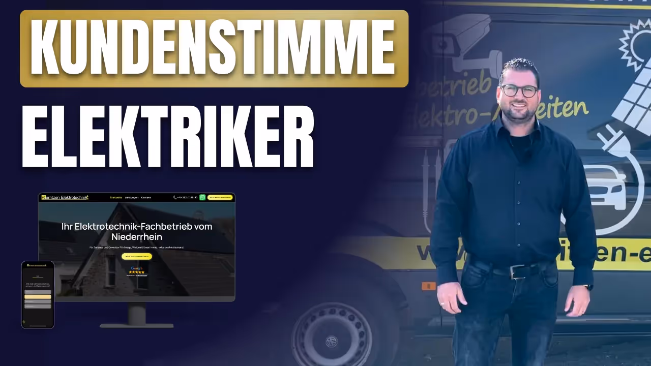 Devid Gerritzen von Gerritzen Elektrotechnik vor seinem Firmenfahrzeug mit der neuen Webseite im Hintergrund