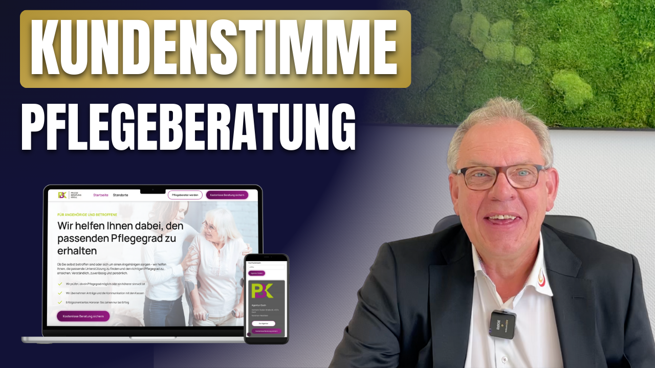 Geschäftsführer Karsten Kroll berichtet über die Zusammenarbeit zur neuen Webseite der Pflege Beratung Kroll GmbH, daneben die neue Homepage auf Laptop und Smartphone.