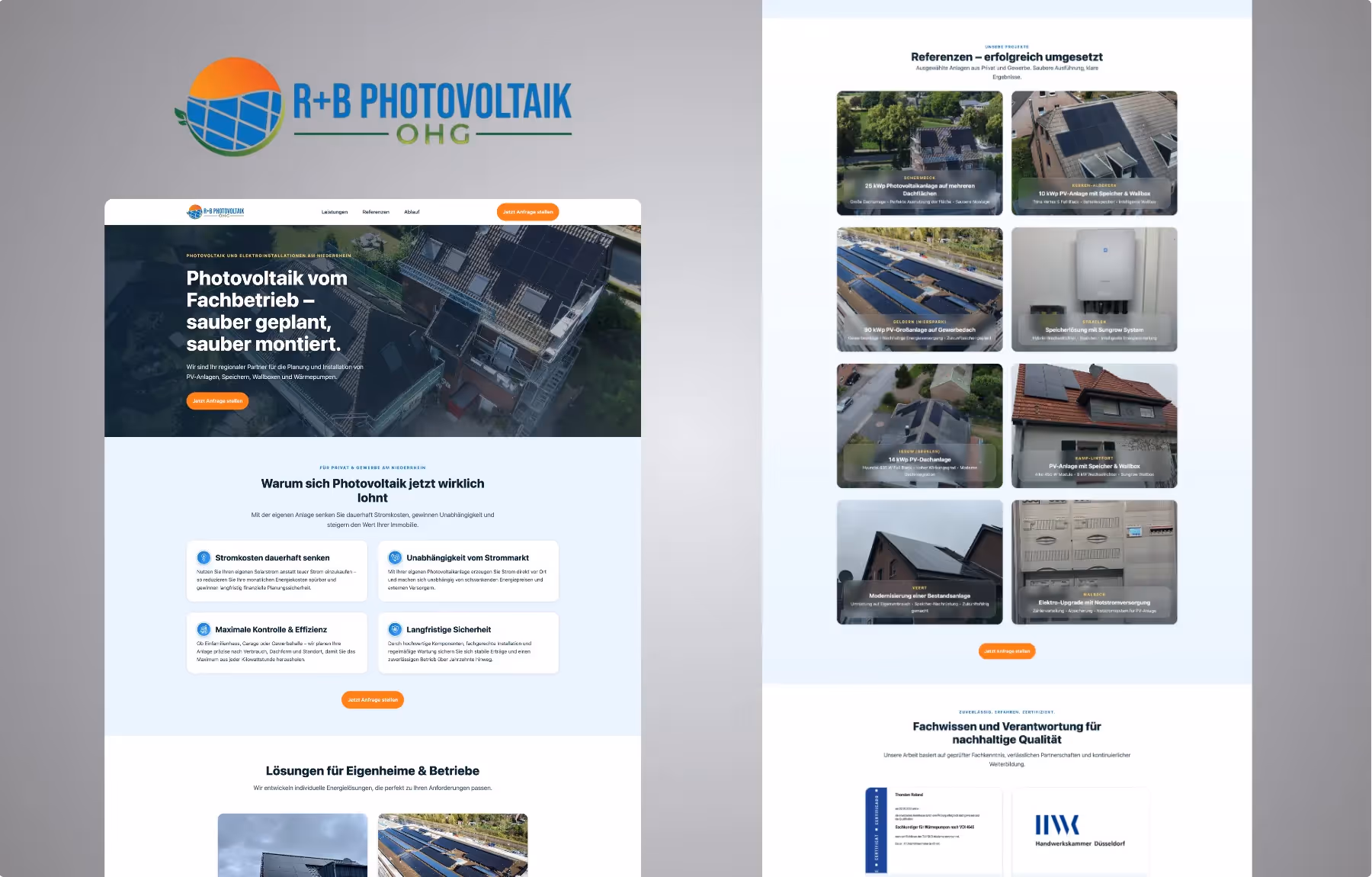 Mockup Webseite R+B Photovoltaik Desktop mit Logo