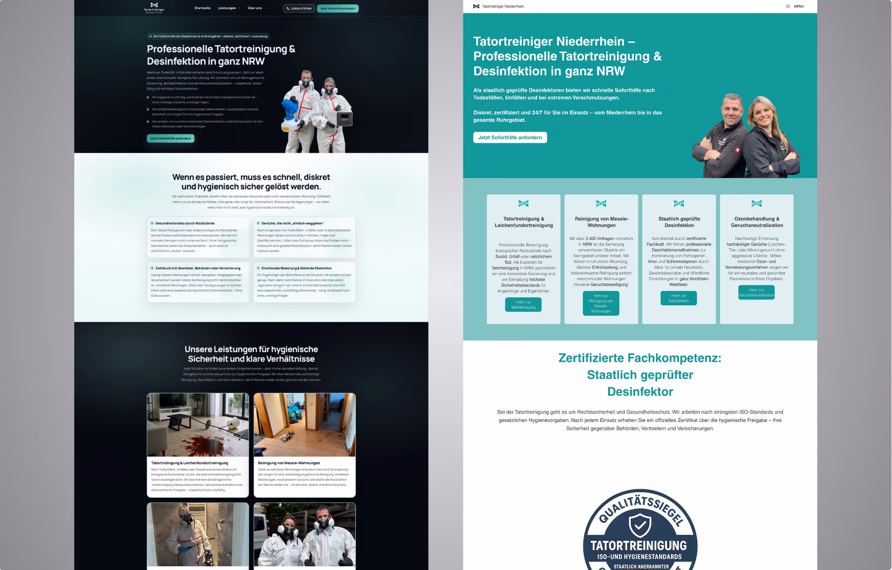 Mockup Webseite Tatortreiniger Niederrhein Desktop vorher nachher