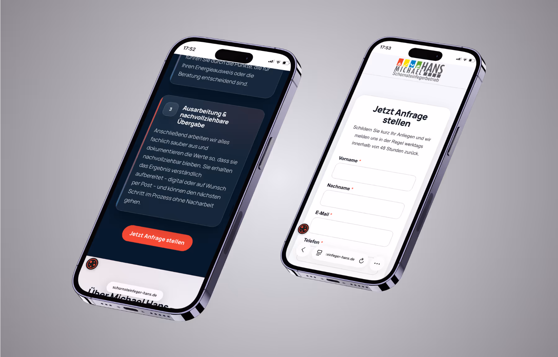 Mockup Webseite Schornsteinfegerbetrieb Michael Hans mobil