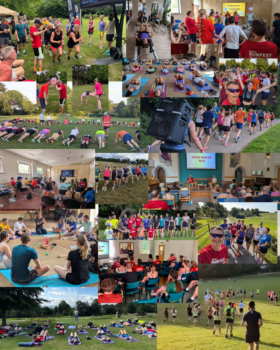 A collage of photos from Sussex RunFest 2026: group runs, the Rave Run, yoga and Pilates, workshops, talks, games and a cooking demo