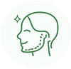 Outline of a human head with jaw and neck muscles highlighted, indicating TMJ pain area.