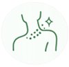 Line drawing of a person holding neck and shoulder with pain dotted area and sparkle symbol.