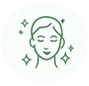 Simple green line drawing of a smiling woman's face surrounded by sparkles on a light background.