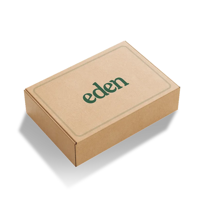A shipping box with an Eden logo