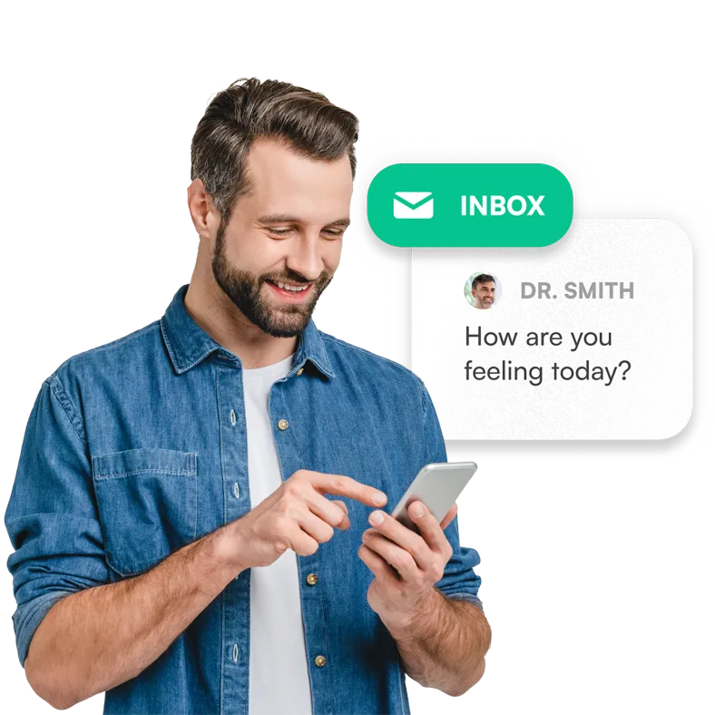 A man happily looking at a message from his doctor on his phone