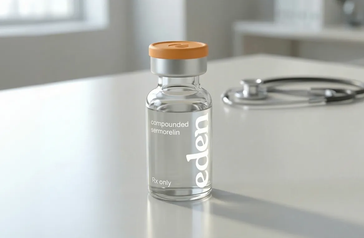 Vial labeled compounded sermorelin on a clinical countertop, representing online and in-person sermorelin treatment options.