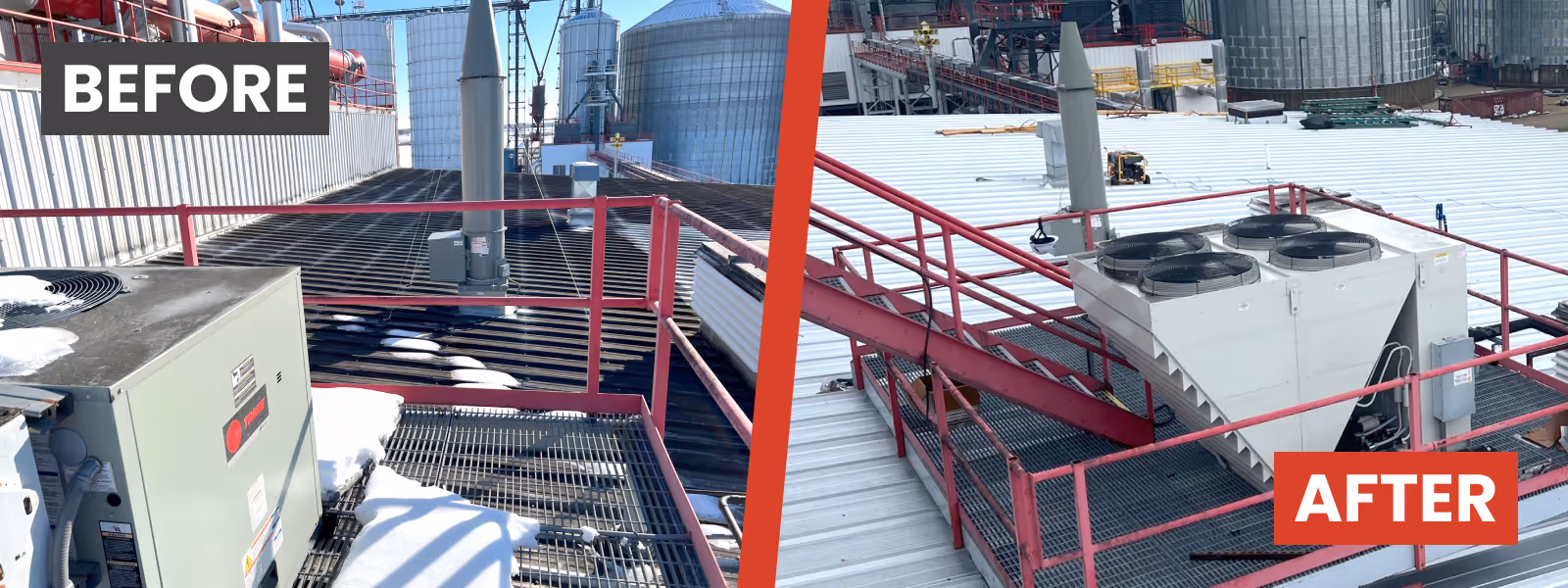 another before and after of a metal roof retrofit
