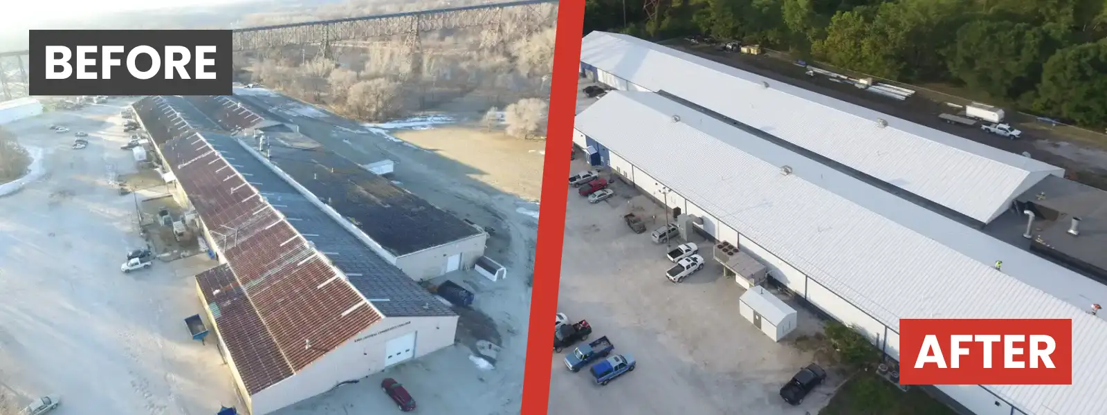 Before and After of a metal roof retrofit