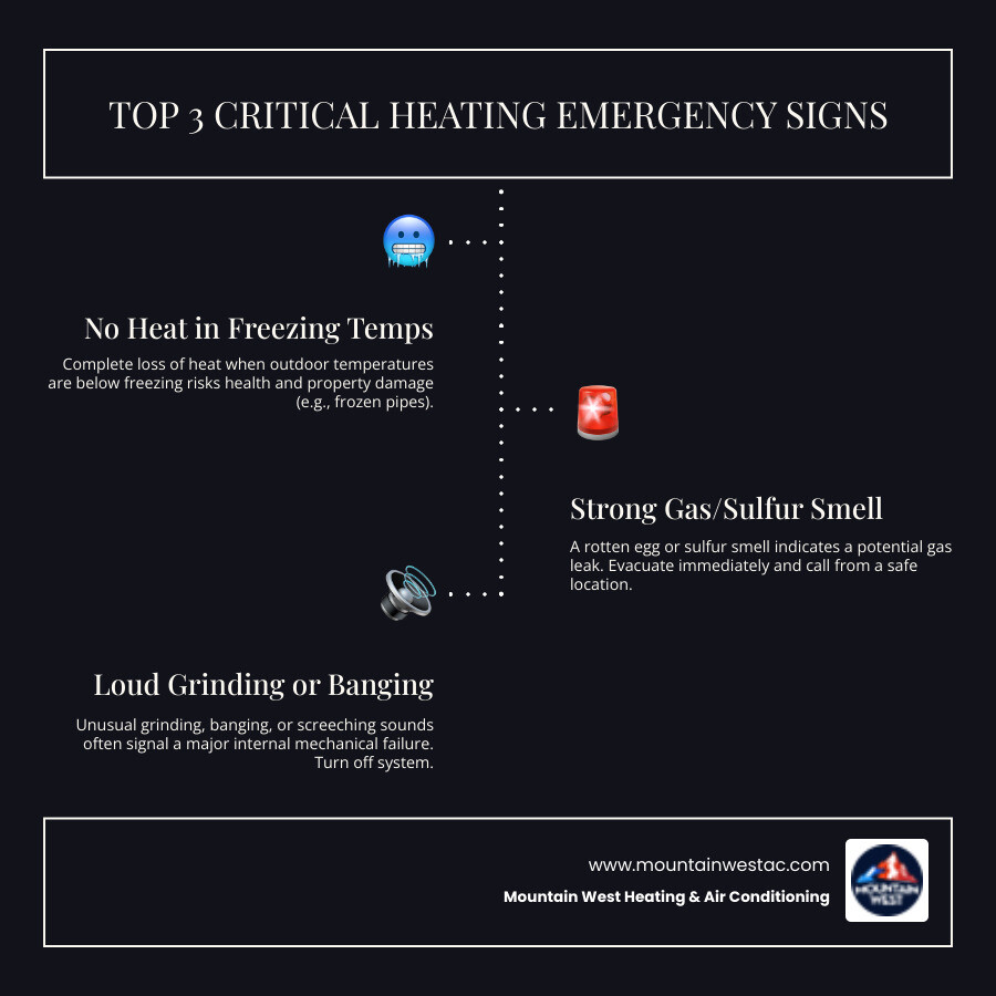Infographic showing three critical heating emergency signs: complete loss of heat with outdoor temperature below freezing, strong gas or sulfur smell requiring immediate evacuation, and unusual loud mechanical noises like grinding or banging from the furnace unit - heating repair emergency in sparks, nv infographic infographic-line-3-steps-dark