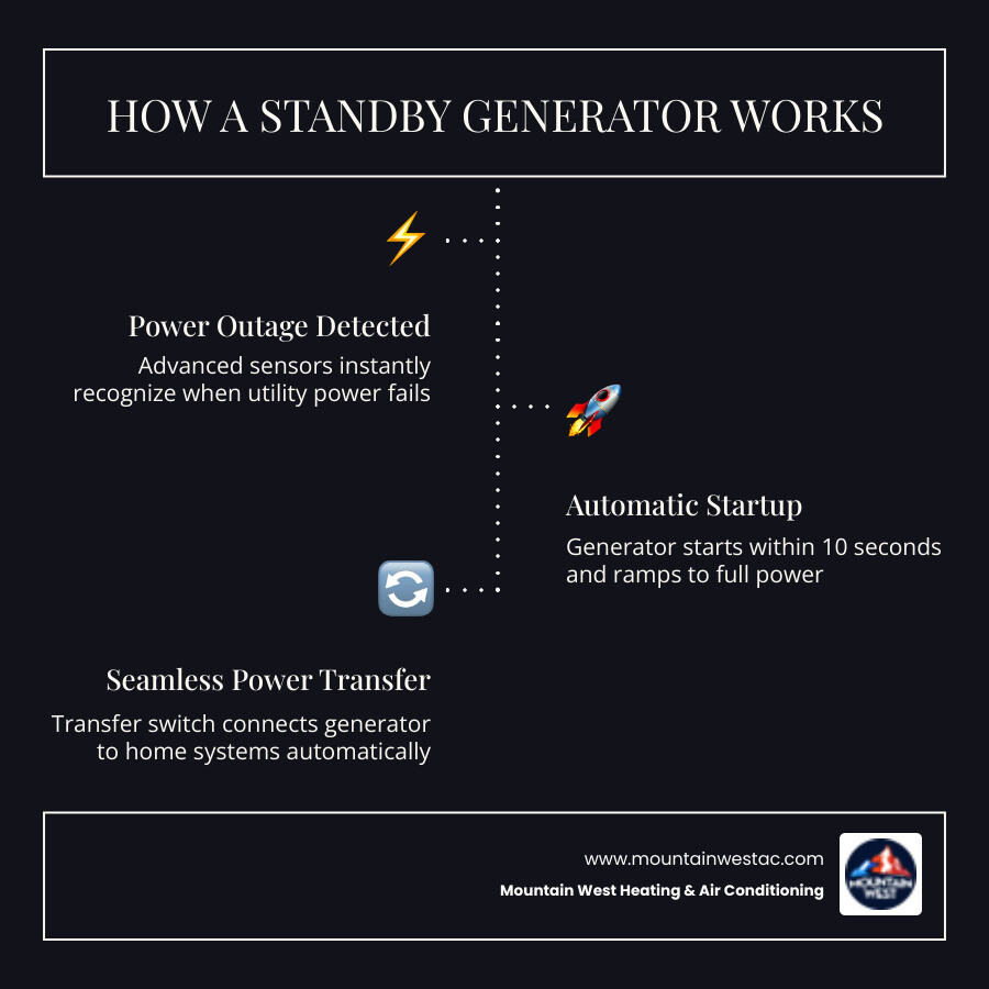 Infographic showing how a standby generator detects a power outage, automatically starts within seconds, powers essential home systems like HVAC and refrigeration, and seamlessly switches back to grid power when service is restored - generators installation in sparks, nv infographic infographic-line-3-steps-dark Infographic showing how a standby generator detects a power outage, automatically starts within seconds, powers essential home systems like HVAC and refrigeration, and seamlessly switches back to grid power when service is restored - generators installation in sparks, nv infographic infographic-line-3-steps-dark
