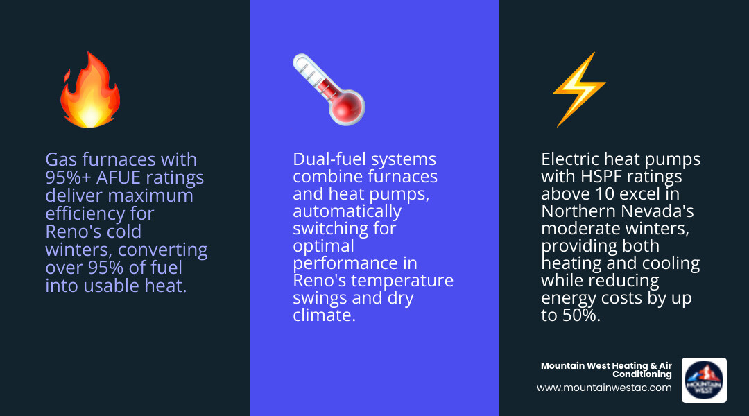 Infographic showing comparison of heating systems for Reno climate including gas furnaces with AFUE ratings, electric heat pumps with HSPF ratings, dual-fuel systems, and boilers, with icons showing temperature ranges, efficiency percentages, and best use cases for Northern Nevada homes - heating installation best in reno, nv infographic 3_facts_emoji_blue Infographic showing comparison of heating systems for Reno climate including gas furnaces with AFUE ratings, electric heat pumps with HSPF ratings, dual-fuel systems, and boilers, with icons showing temperature ranges, efficiency percentages, and best use cases for Northern Nevada homes - heating installation best in reno, nv infographic 3_facts_emoji_blue