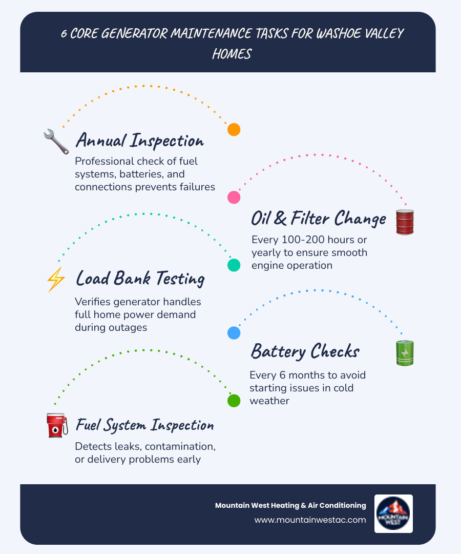 Infographic showing the six core maintenance tasks for Washoe Valley generators: annual professional inspection with technician and checklist, oil and filter change with wrench and oil container, load bank testing with voltage meter, battery inspection showing terminals and multimeter, fuel system check with fuel line diagram, and enclosure cleaning with debris removal icons - generators maintenance in washoe valley, nv infographic infographic-line-5-steps-blues-accent_colors Infographic showing the six core maintenance tasks for Washoe Valley generators: annual professional inspection with technician and checklist, oil and filter change with wrench and oil container, load bank testing with voltage meter, battery inspection showing terminals and multimeter, fuel system check with fuel line diagram, and enclosure cleaning with debris removal icons - generators maintenance in washoe valley, nv infographic infographic-line-5-steps-blues-accent_colors