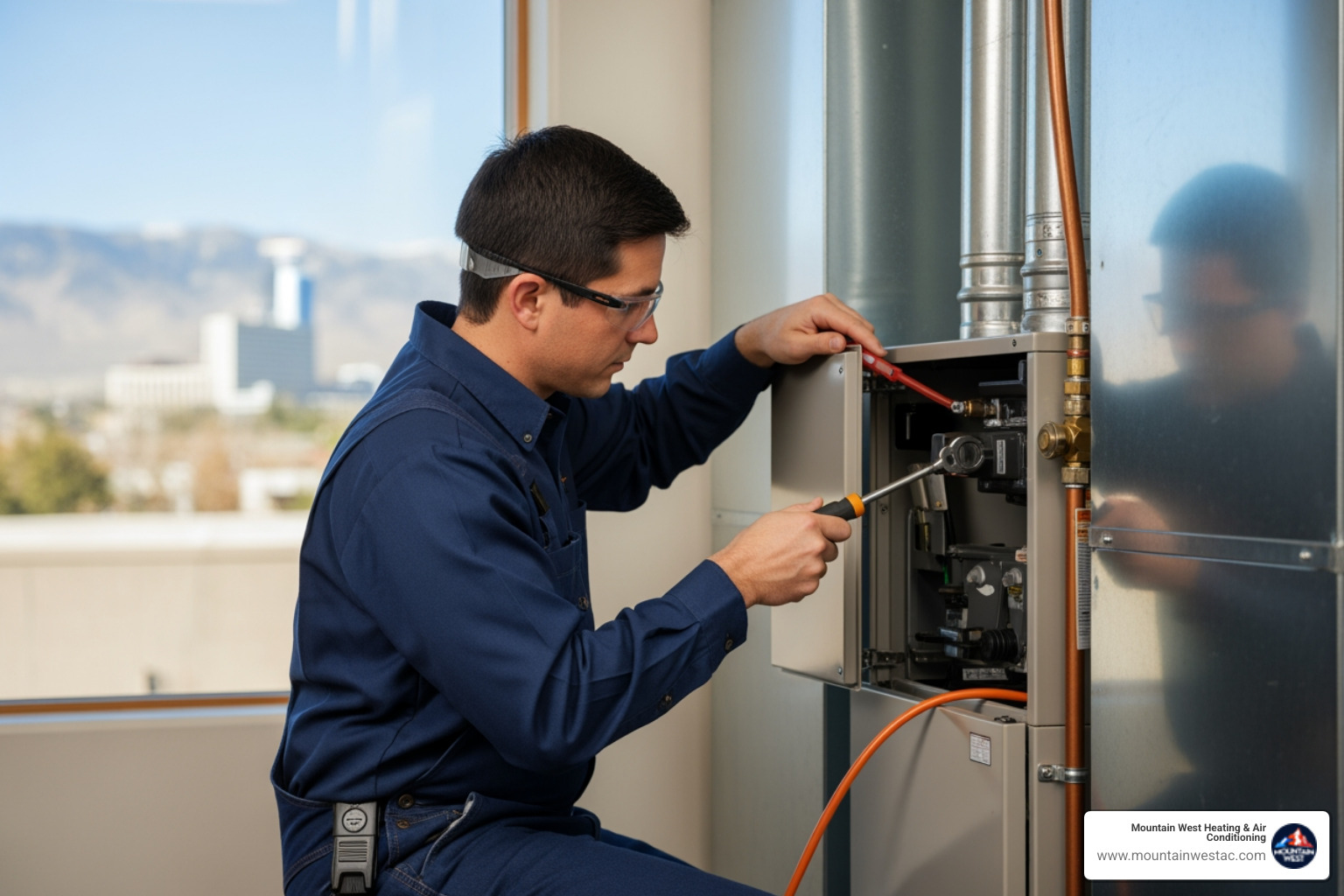 infographic showing annual heating maintenance benefits including 15-20% energy savings, extended equipment lifespan, carbon monoxide safety testing, and high-altitude combustion adjustments specific to Reno - heating maintenance in reno, nv