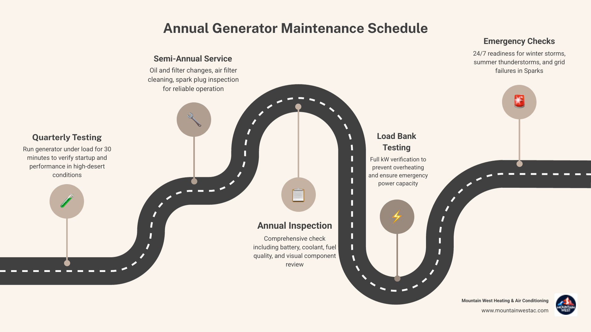 Infographic showing annual generator maintenance schedule with quarterly testing, semi-annual service including oil and filter changes, annual comprehensive inspection with load bank testing, and emergency 24/7 service availability, all tailored to Sparks high-desert climate conditions - generators maintenance in sparks, nv infographic roadmap-5-steps