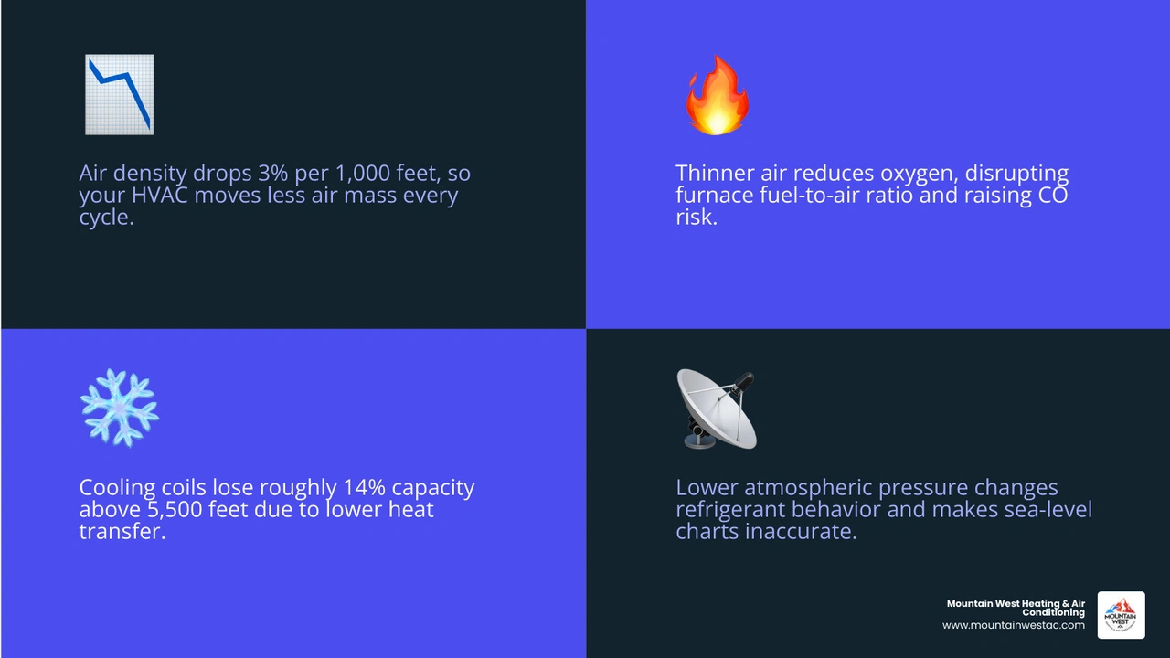 Infographic showing how altitude reduces air density, combustion efficiency, and cooling capacity in HVAC systems infographic