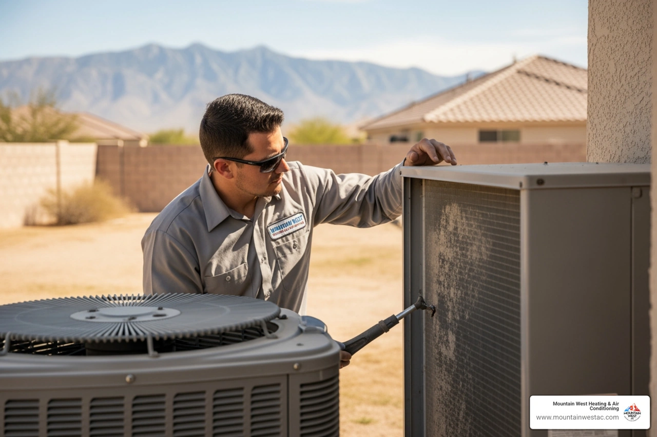 A technician inspecting a dust-coated condenser coil on an outdoor HVAC unit