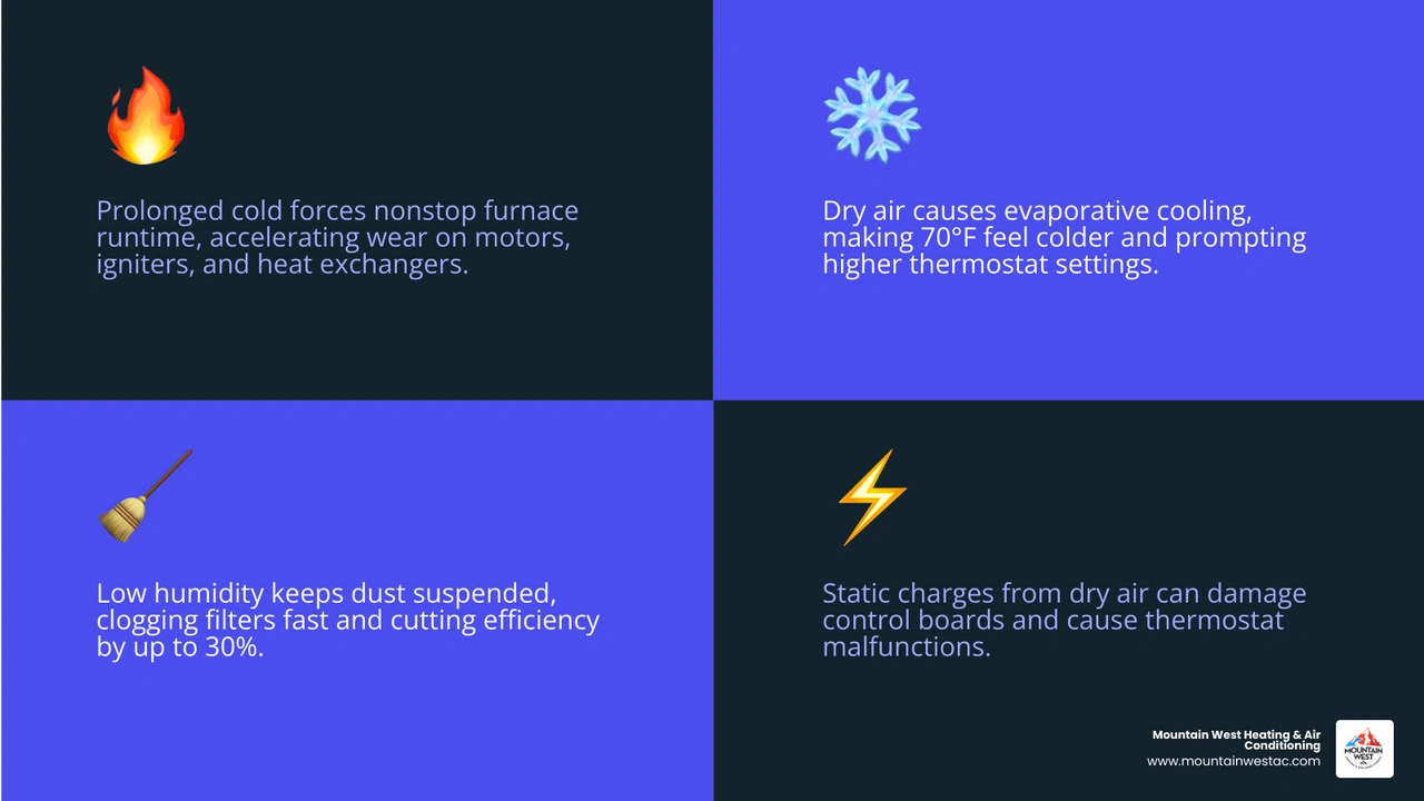 infographic showing how cold outdoor air loses moisture when heated indoors and how this stresses furnace components infographic showing how cold outdoor air loses moisture when heated indoors and how this stresses furnace components