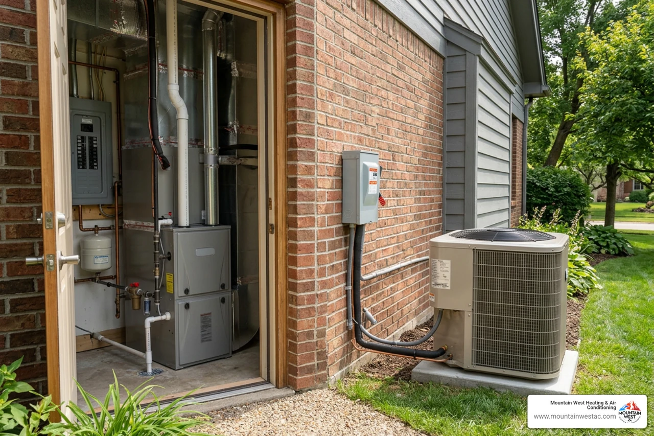 Dual-fuel HVAC system installation showing outdoor heat pump and indoor gas furnace Dual-fuel HVAC system installation showing outdoor heat pump and indoor gas furnace