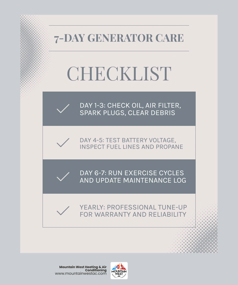 7-day whole home generator maintenance checklist infographic with daily tasks and service intervals infographic
