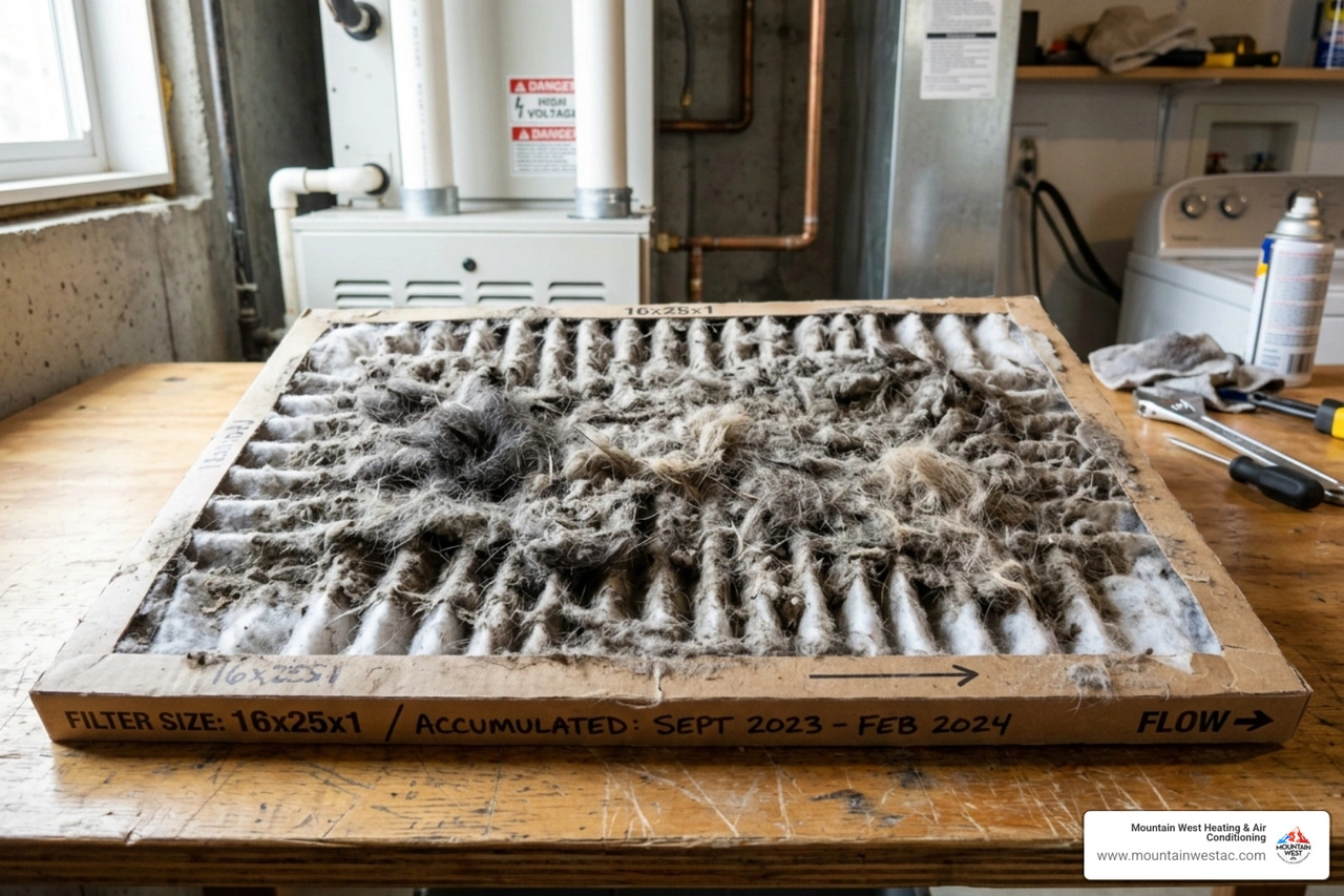 Heavily clogged air filter showing dust and pet dander buildup - how often should you service your hvac system