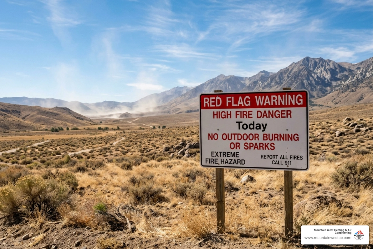 Red Flag Warning sign in a dry landscape in Washoe Valley Nevada - how power shutoffs during fire season affect your home