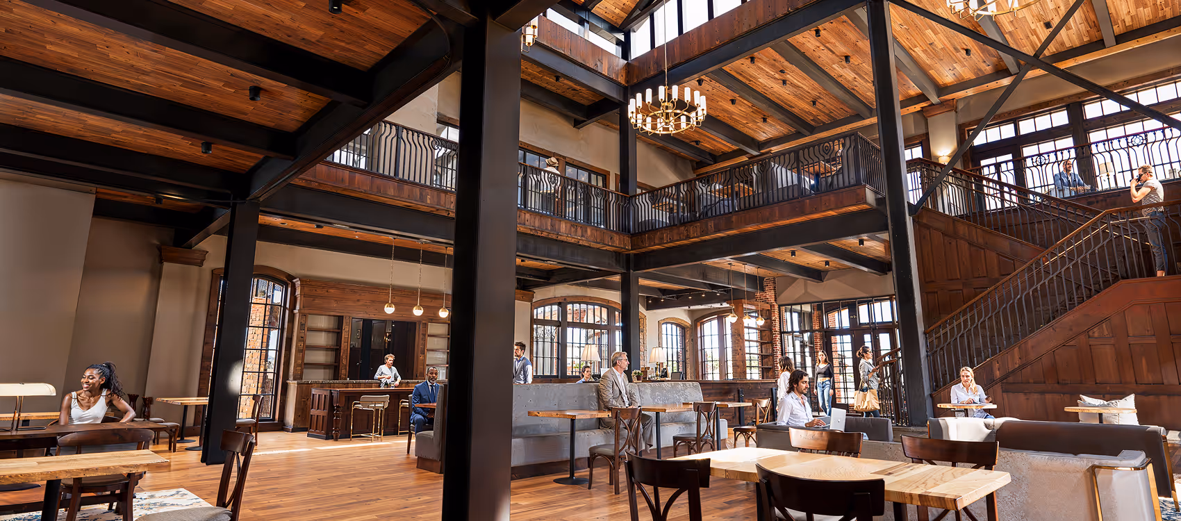 Wide angle rendering of the Great Room of The Lumber Exchange.