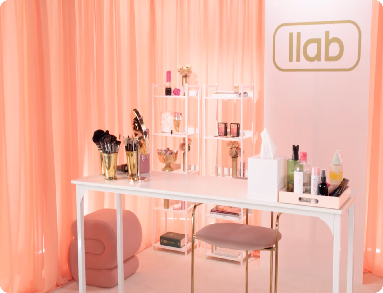a makeup showroom in coral theme